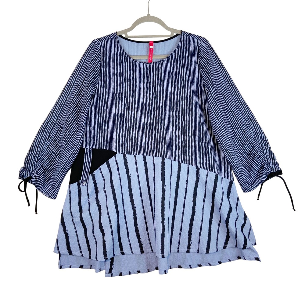 IC Collection Asymmetrical‎ Tunic Top LARGE Lagenlook Blue Striped Relaxed Fit